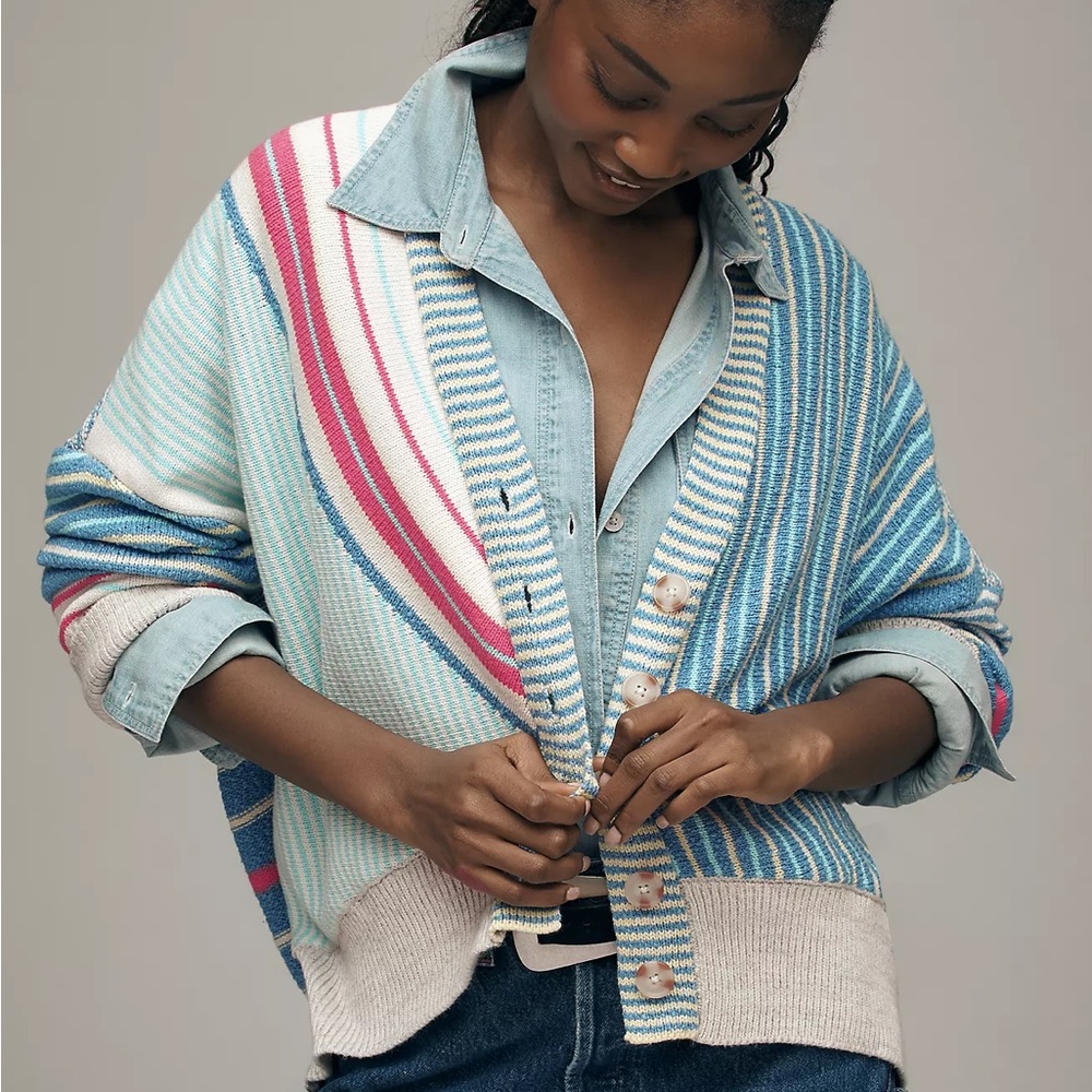 Maeve Oversized V-Neck Striped Cardigan Sweater anthropology size XS